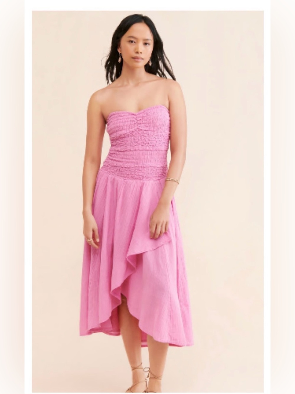 Free People Pink Strapless Smocked Ruffle Midi Dress